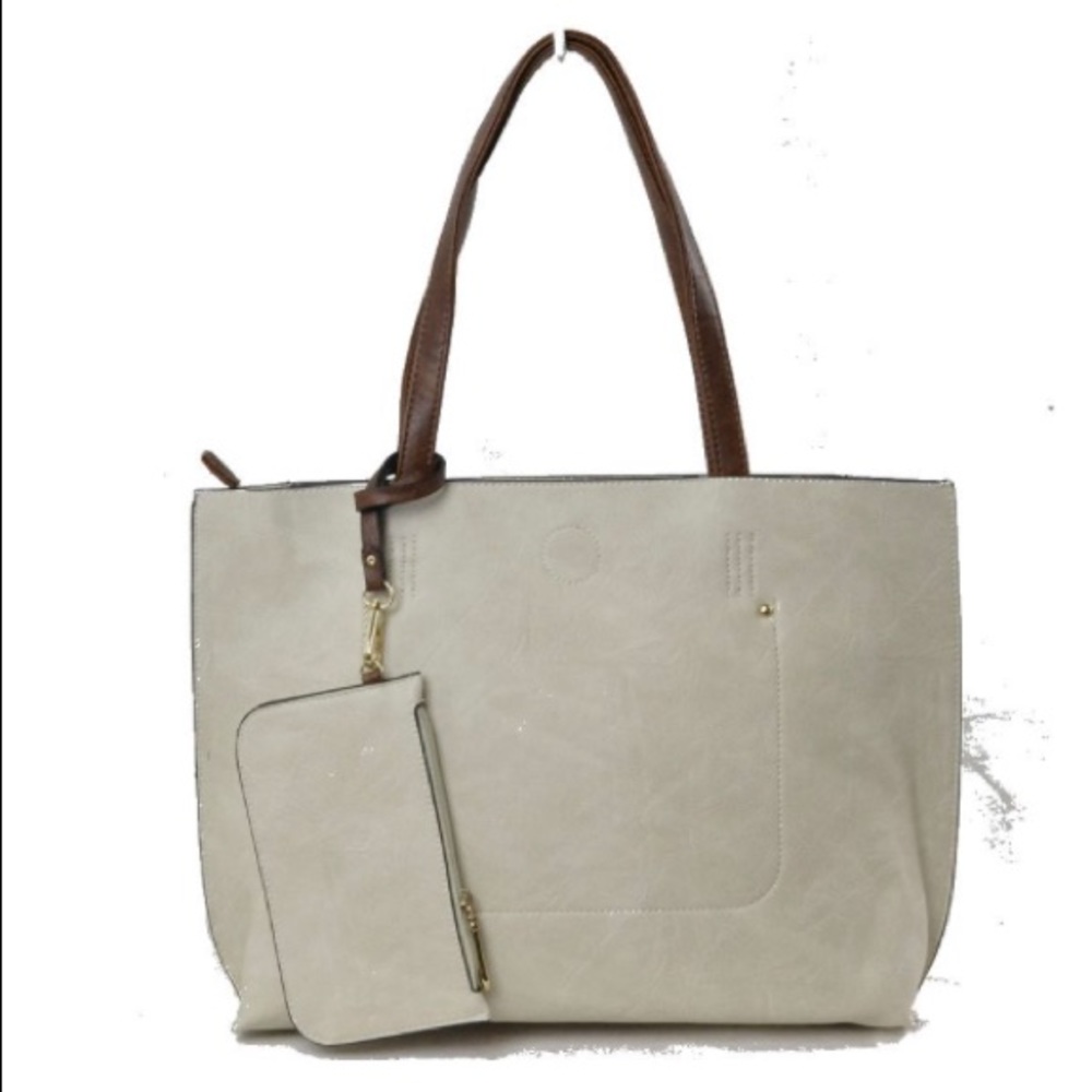 Off White / Brown Tote Bag With Matching Wristlet
